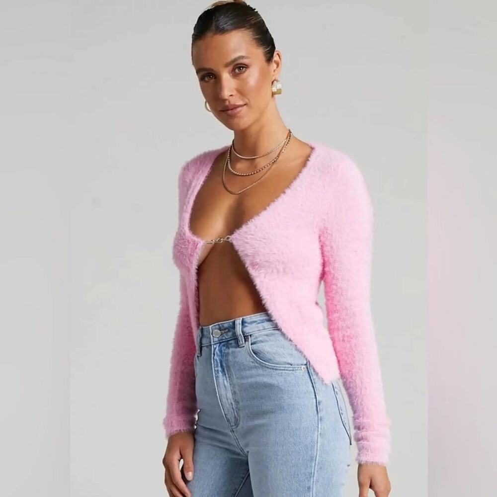 Lioness Pink Fuzzy Cropped Knit Cardigan Sweater Size M